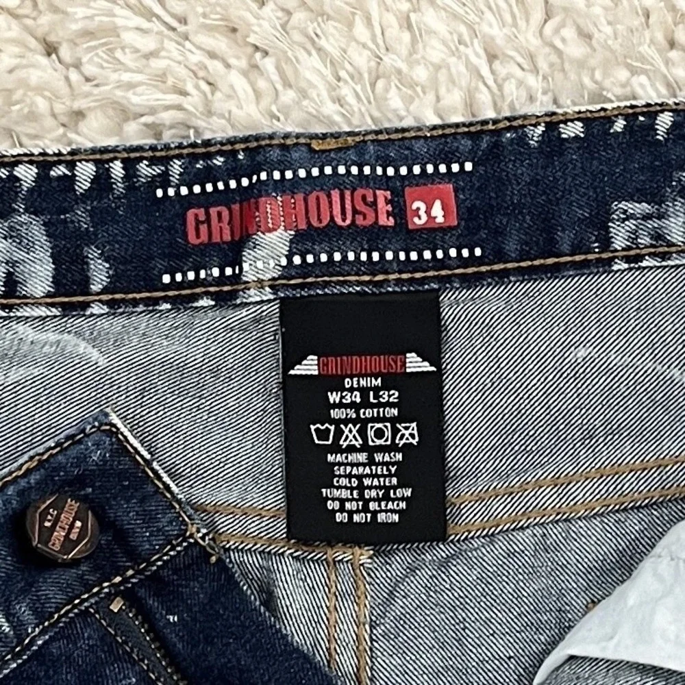Grindhouse Jeans Dark Blue Acid Wash Relaxed Straight Moto Measures 38x32 **